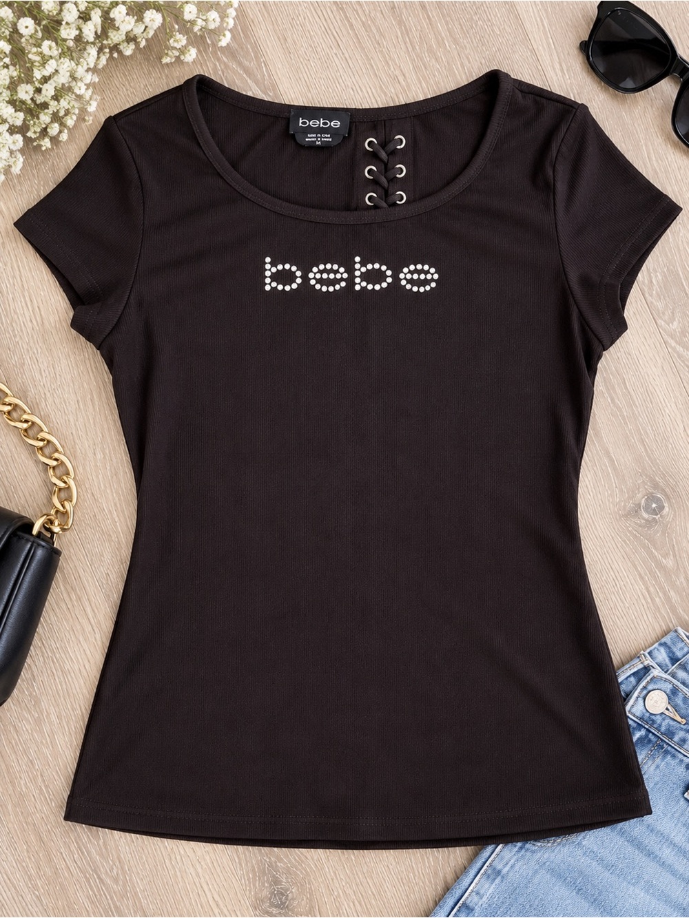 Authentic Bebe Black Rhinestone Lace-Up T-Shirt β Size L